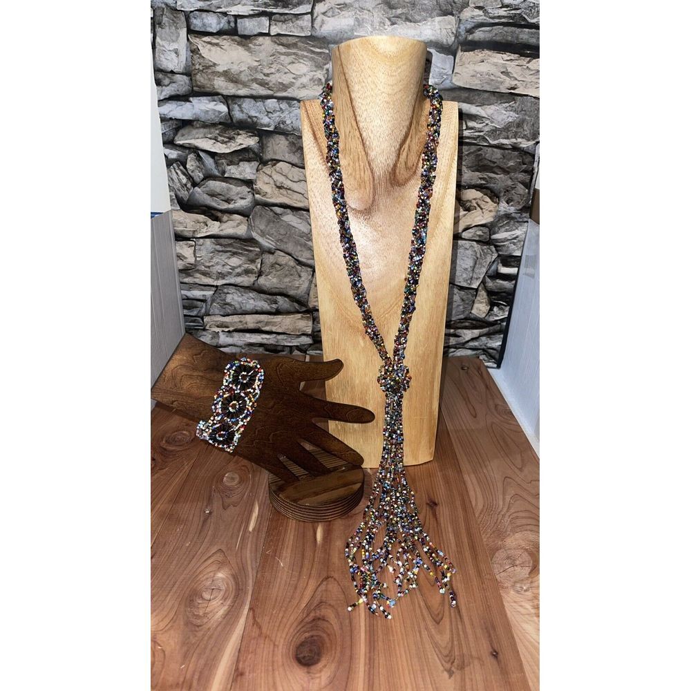 Artesian, handmade, multi strand, beaded statement, necklace, and bracelet Set